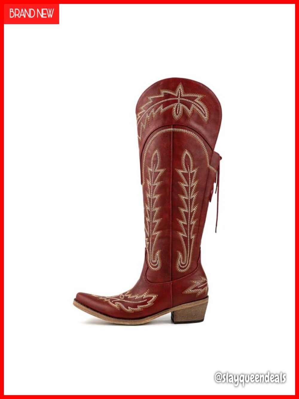 Faux Leather Cowboy Knee High Boots Wide Calf Embroidered Chunky Heel